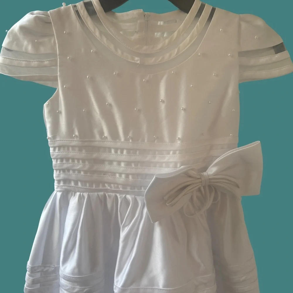 Wedding flower girl or Elegant White children’s  Dress with Bow.  Pearl accents - Picture 4 of 4